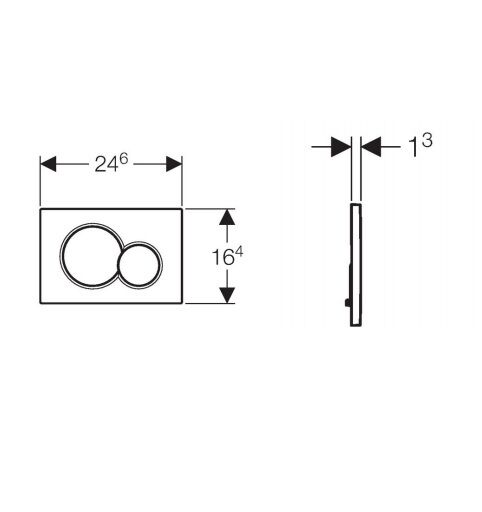 White rectangular dual-flush actuator plate with two circular buttons and technical dimension specifications.