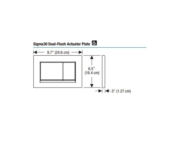 Chrome dual-flush toilet actuator plate with two rectangular buttons and dimensional specifications labeled.