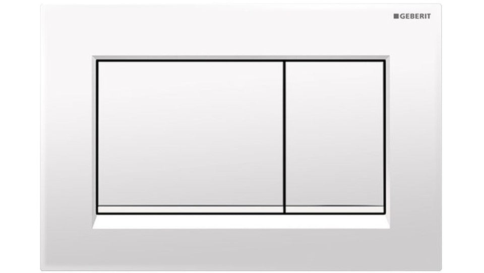 White rectangular dual-flush plate with two chrome buttons divided by vertical center line.