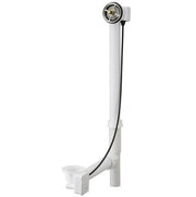White plastic bath waste and overflow assembly with turn control mechanism and curved drain pipe connector.