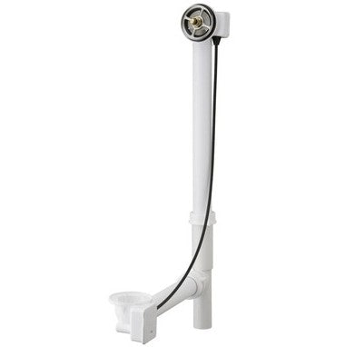 White plastic bath waste and overflow assembly with turn control mechanism and curved drain pipe connector.