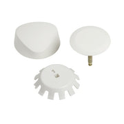 Biscuit-colored TurnControl trim components including rounded cap, flat knob with brass insert, and crown-shaped escutcheon p