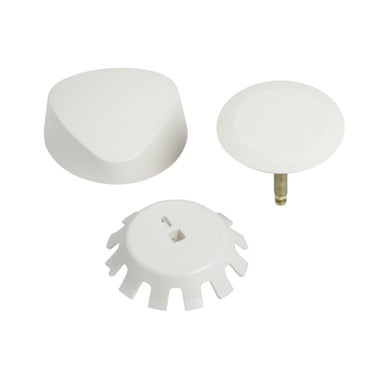 Biscuit-colored TurnControl trim components including rounded cap, flat knob with brass insert, and crown-shaped escutcheon p