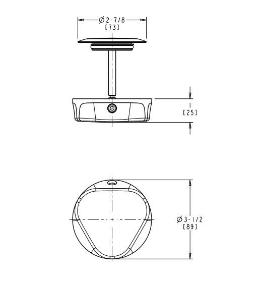 Brushed nickel traditional TurnControl trim with round escutcheon plate and control knob, dimensions shown.