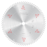 Silver circular saw blade with fine teeth around edge, Freud branding, and red markings on face.