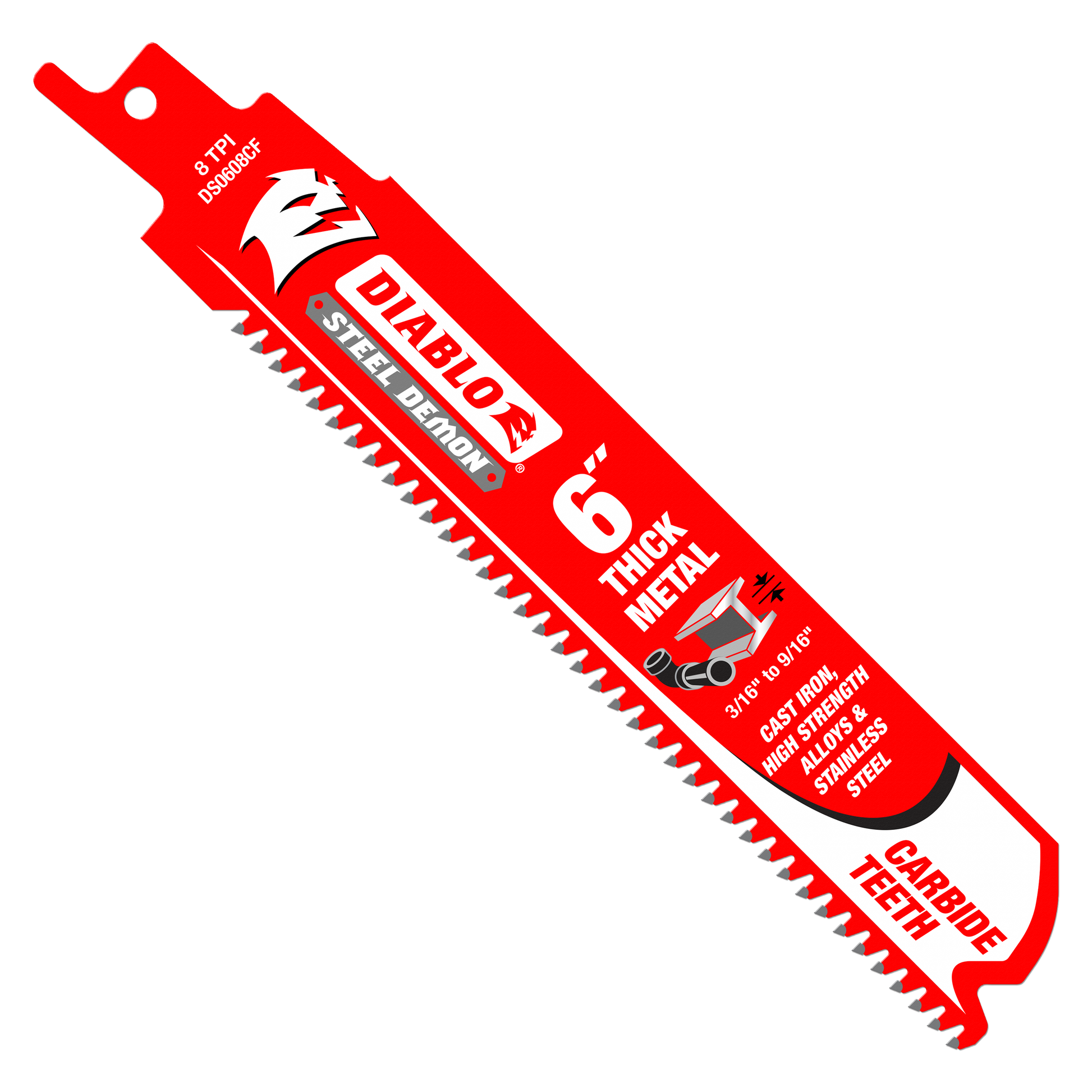 Three 6-inch steel reciprocating saw blades with carbide teeth for thick metal cutting.