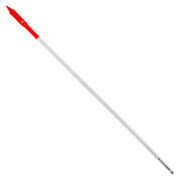 Red spade bit with gray shaft and flat cutting head on white background.