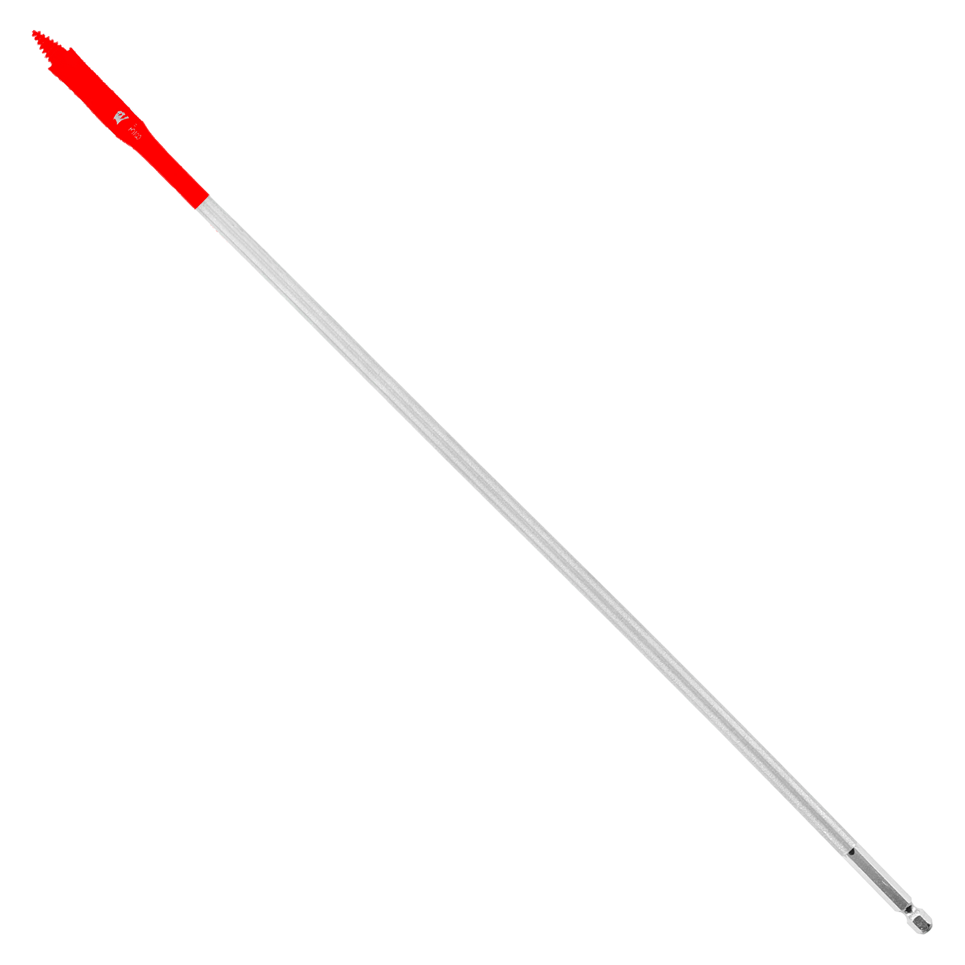 Red spade bit with gray shaft and flat cutting head on white background.
