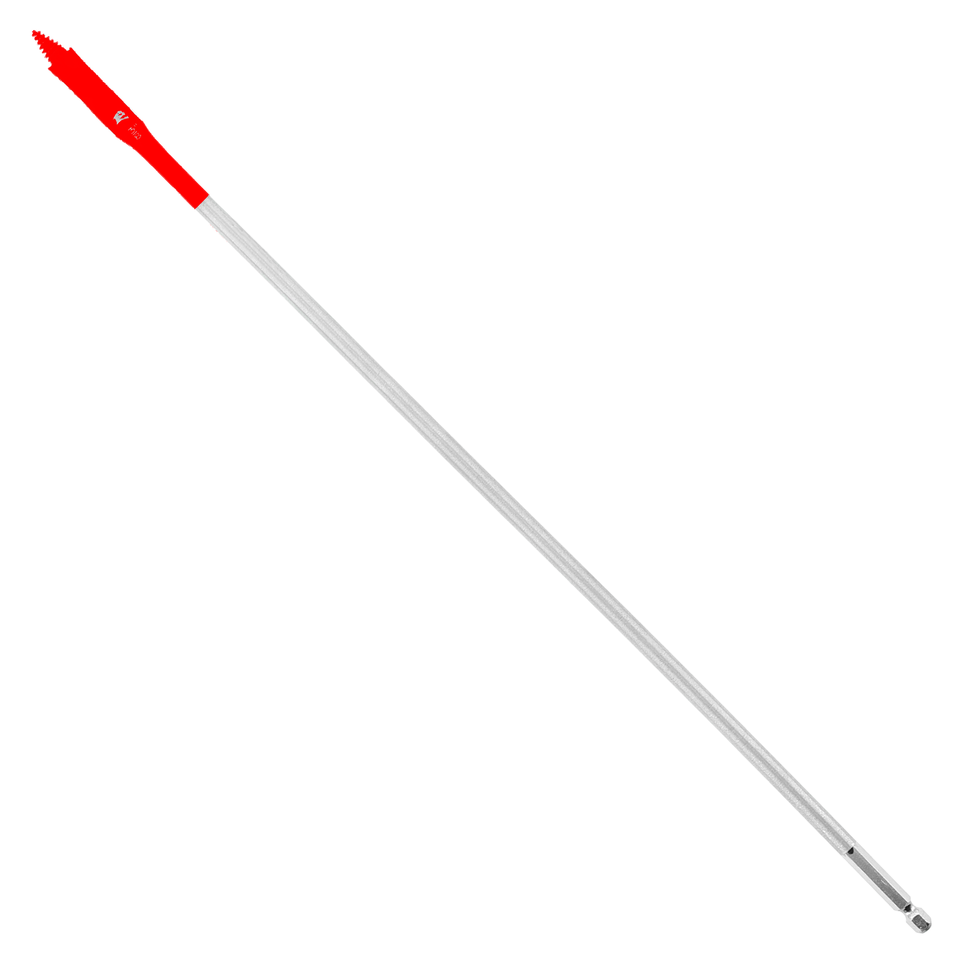 Red spade bit with gray shaft and flat cutting head on white background.