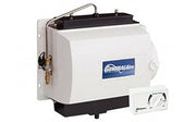 White and black GeneralAire Legacy Series humidifier unit mounted on wall with blue logo label and control dial.