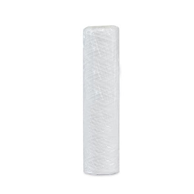 White cylindrical polypropylene string wound water filter cartridge with textured surface.