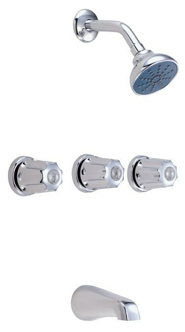 Chrome tub and shower faucet with showerhead, spout, and three control handles.