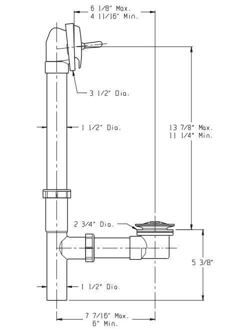 Gerber trip lever drain assembly diagram showing vertical PVC pipe with lever mechanism and drain components with measurement