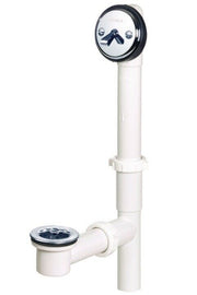 White PVC trip lever drain assembly with black chrome trim ring and dual control handles for standard bathtubs.