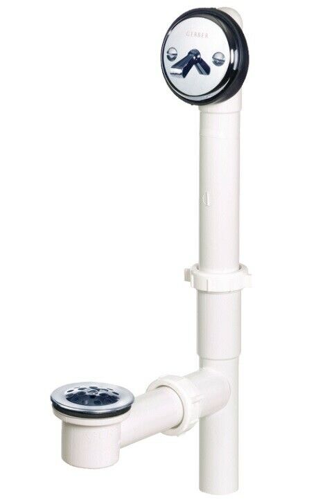 White PVC trip lever drain assembly with black chrome trim ring and dual control handles for standard bathtubs.