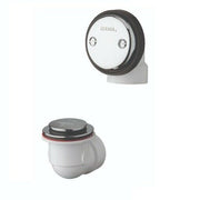 Gerber auto trip bath drain assembly with white PVC body, black cap, and metal trim ring with mounting holes.