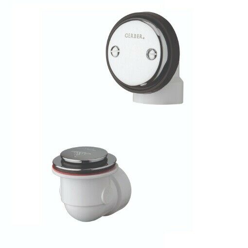 Gerber auto trip bath drain assembly with white PVC body, black cap, and metal trim ring with mounting holes.