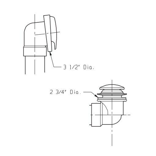 Technical diagram of auto trip bath drain assembly with labeled component dimensions of 3 1/2" and 2 3/4" diameters.