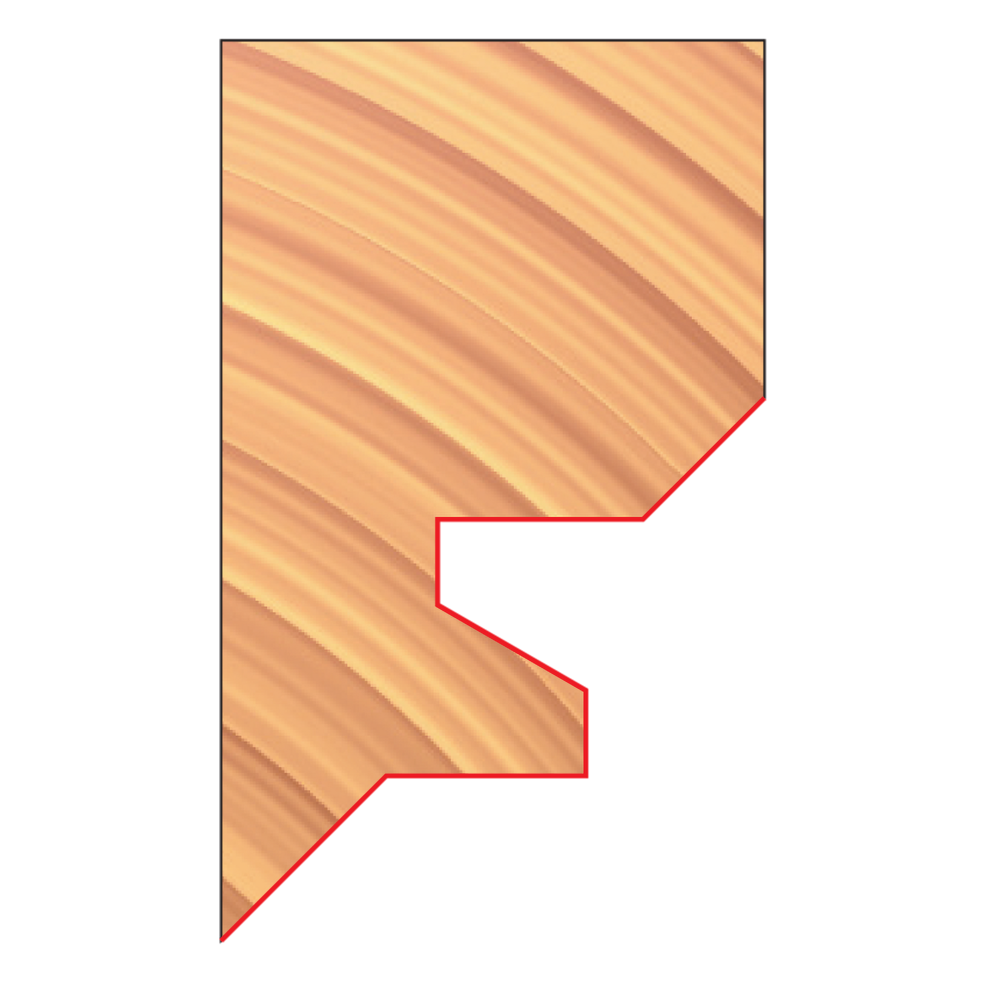 Wood board with tongue and groove lock miter cutter profile shown in red outline on diagonal grain surface.