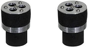Two black cylindrical flood guards with metal caps and float mechanisms, 2-inch size.