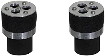 Two black cylindrical flood guards with metal caps and float mechanisms, 2-inch size.