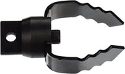 Black metal U-shaped cutter head with cylindrical mount and adjustable jaws for pipe cleaning.