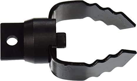 Black metal U-shaped cutter head with cylindrical mount and adjustable jaws for pipe cleaning.