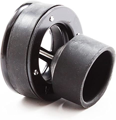 Black plastic flood guard valve with float mechanism and 3-inch pipe fitting connector.