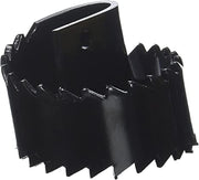 Black cylindrical saw blade with jagged cutting teeth around the outer edge and mounting hole at top.
