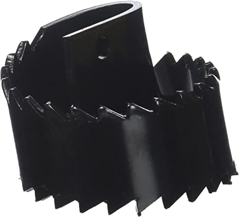 Black cylindrical saw blade with jagged cutting teeth around the outer edge and mounting hole at top.