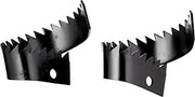 Two black metal rotary saw blades with jagged cutting teeth and mounting holes.