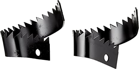 Two black metal rotary saw blades with jagged cutting teeth and mounting holes.