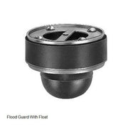 Black cylindrical flood guard with metal top, two slot openings, and integral float chamber at base.
