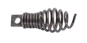 Dark metal coil spring with rectangular mounting bracket and center hole on left end.