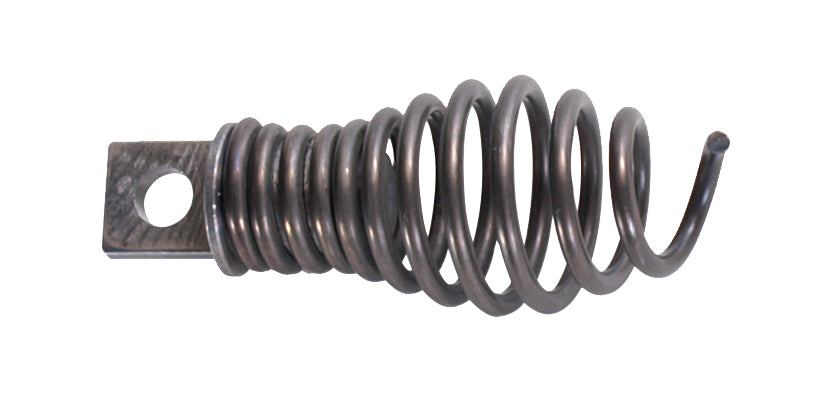 Dark metal coil spring with rectangular mounting bracket and center hole on left end.