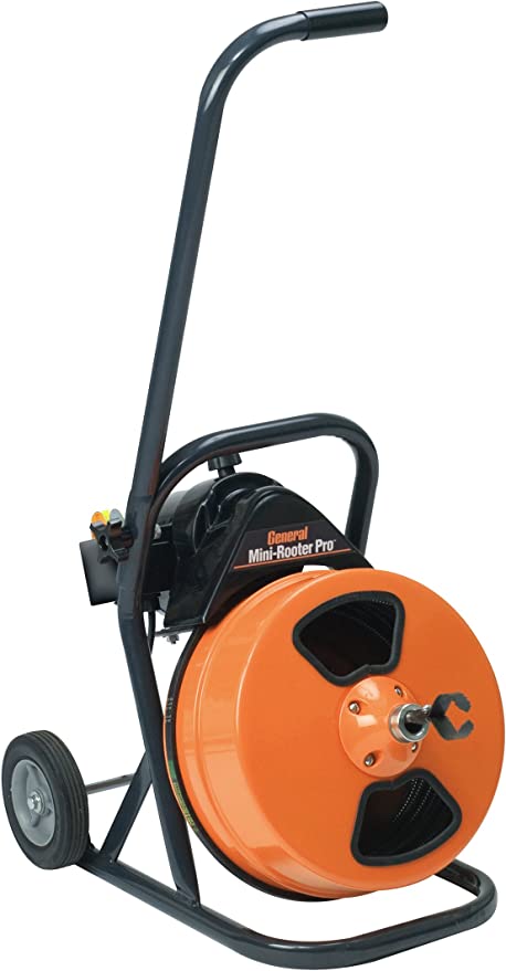 Black and orange General Wire Mini-Rooter Pro drain cleaning machine with curved feed tube and orange cable reel on wheeled c