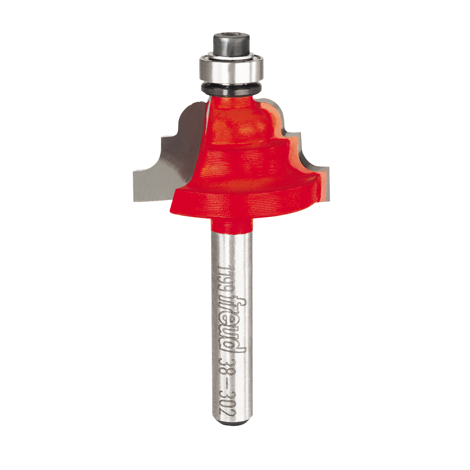 Red cove and bead router bit with silver metal shank and bearing, Freud brand marking visible on shaft.