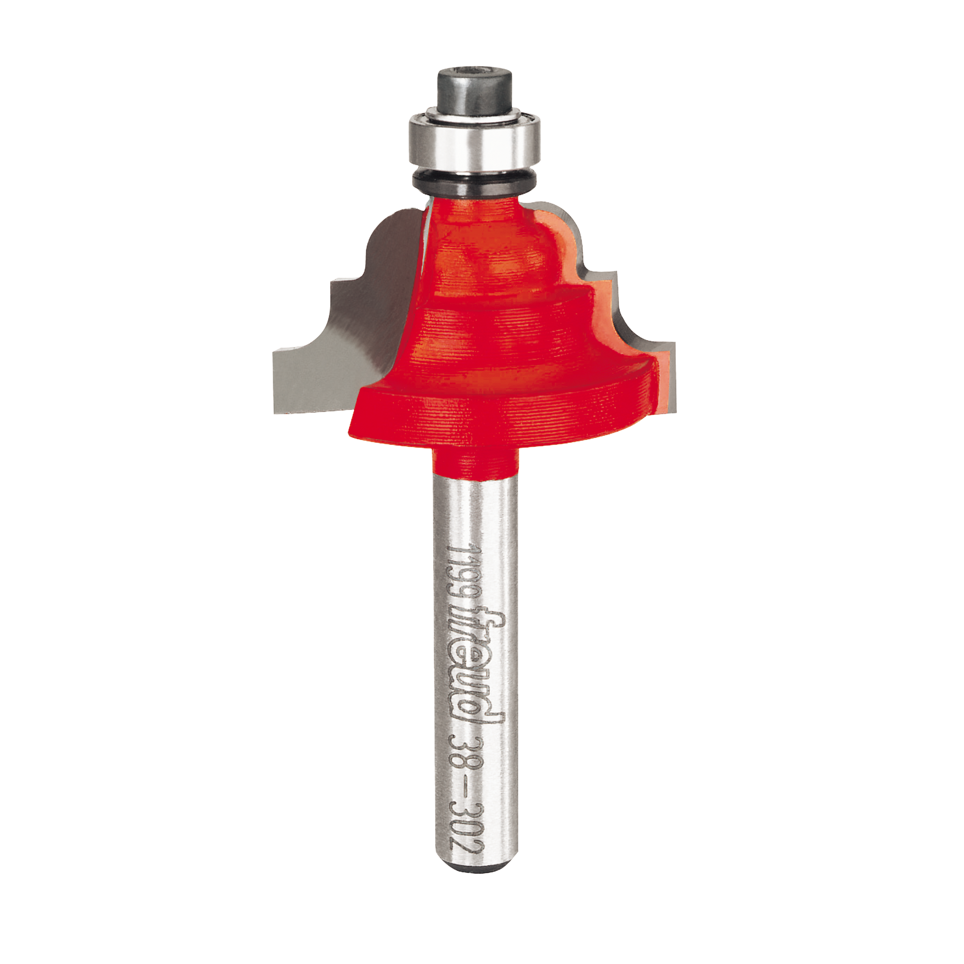Red cove and bead router bit with silver metal shank and bearing, Freud brand marking visible on shaft.