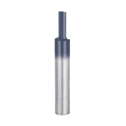 Straight router bit with two flutes, 1/8 inch diameter, silver metal shaft with dark cutting head.