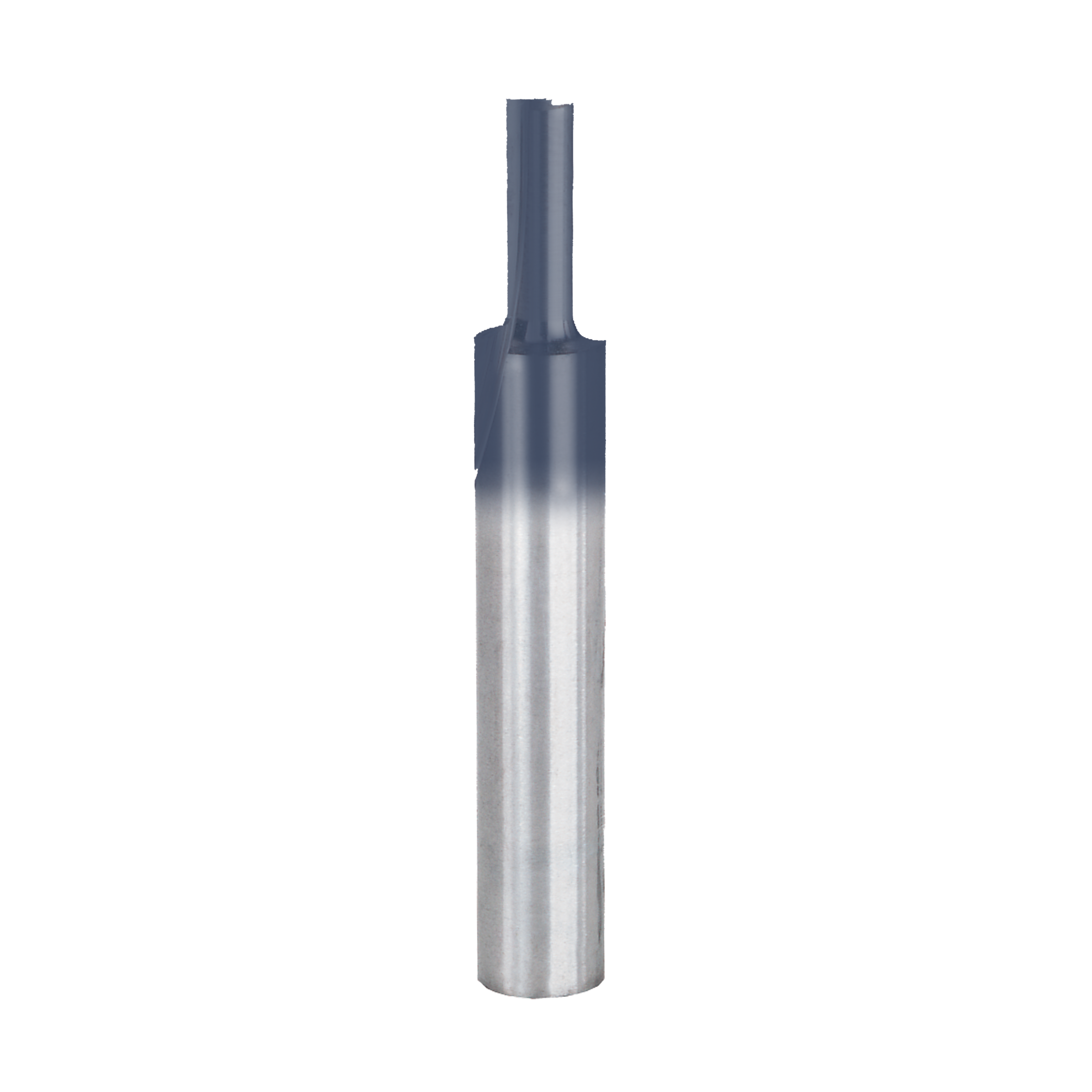 Straight router bit with two flutes, 1/8 inch diameter, silver metal shaft with dark cutting head.