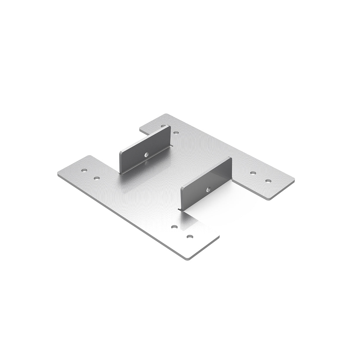 Stainless steel linear drain component with rectangular base plate, two vertical dividers, and mounting holes.