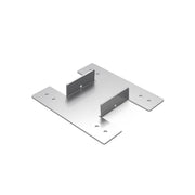 Stainless steel linear drain component with rectangular base plate, two vertical dividers, and mounting holes.