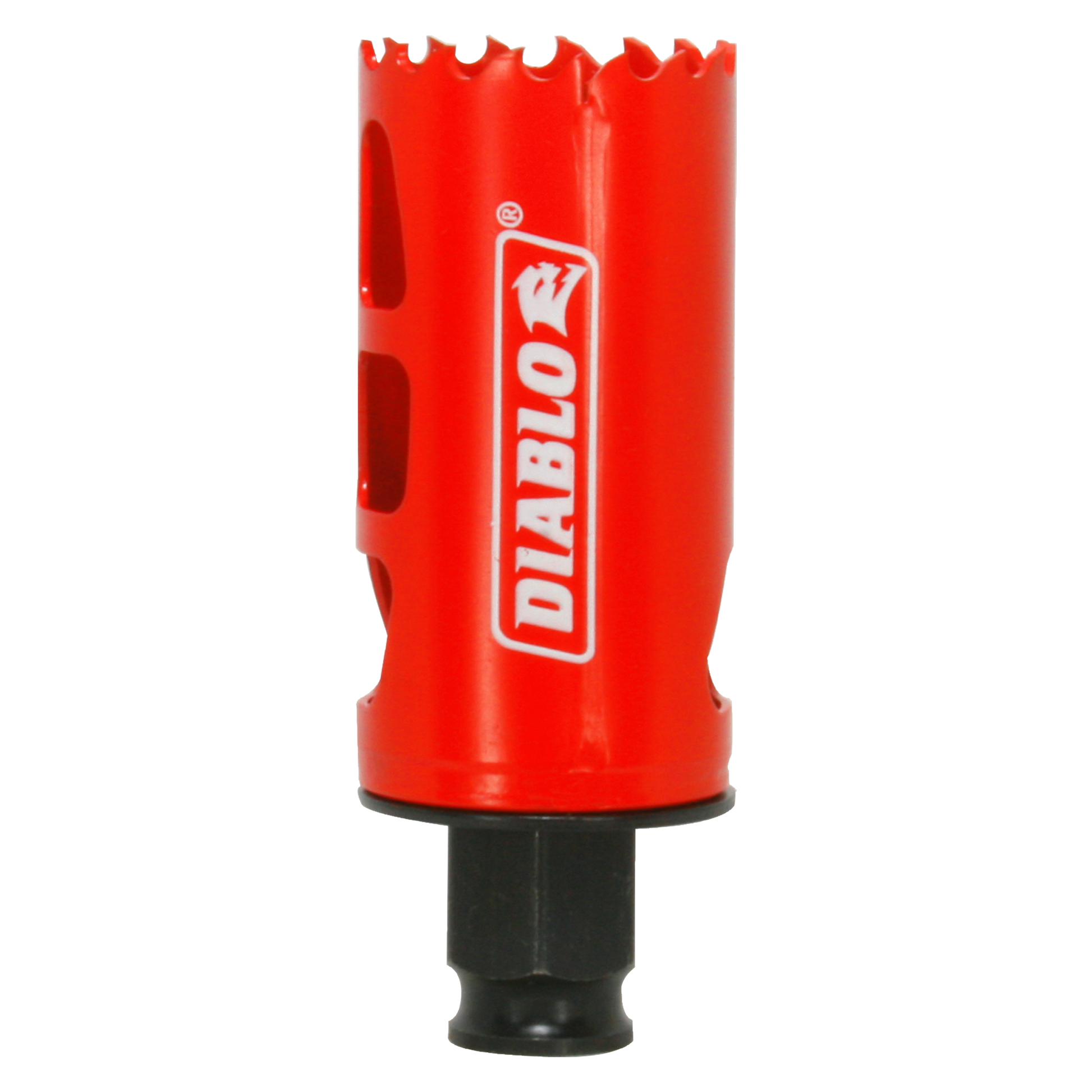 Red Diablo hole saw with serrated cutting edge and black arbor shaft.