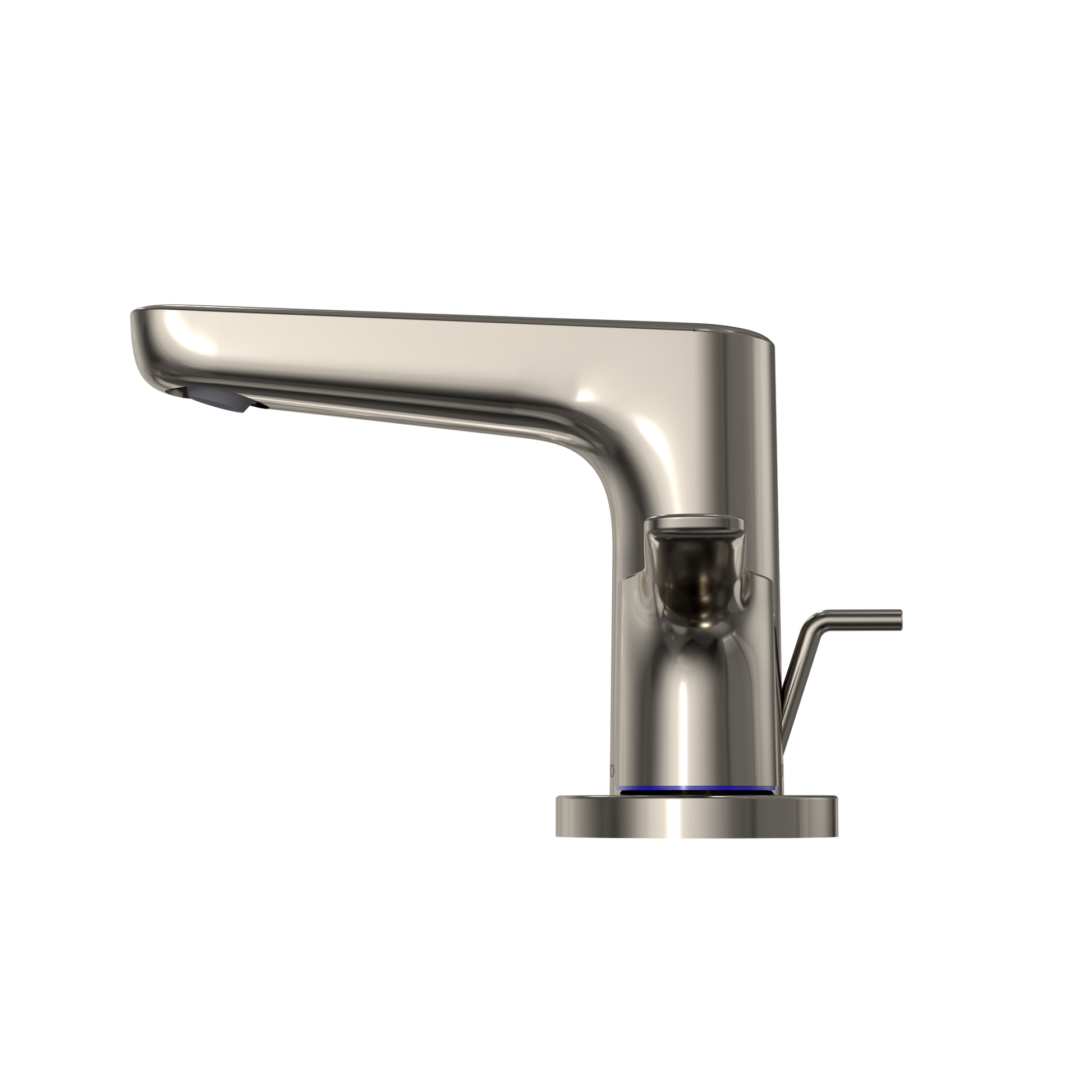 Polished nickel two-handle widespread bathroom sink faucet with curved spout and lever handles.