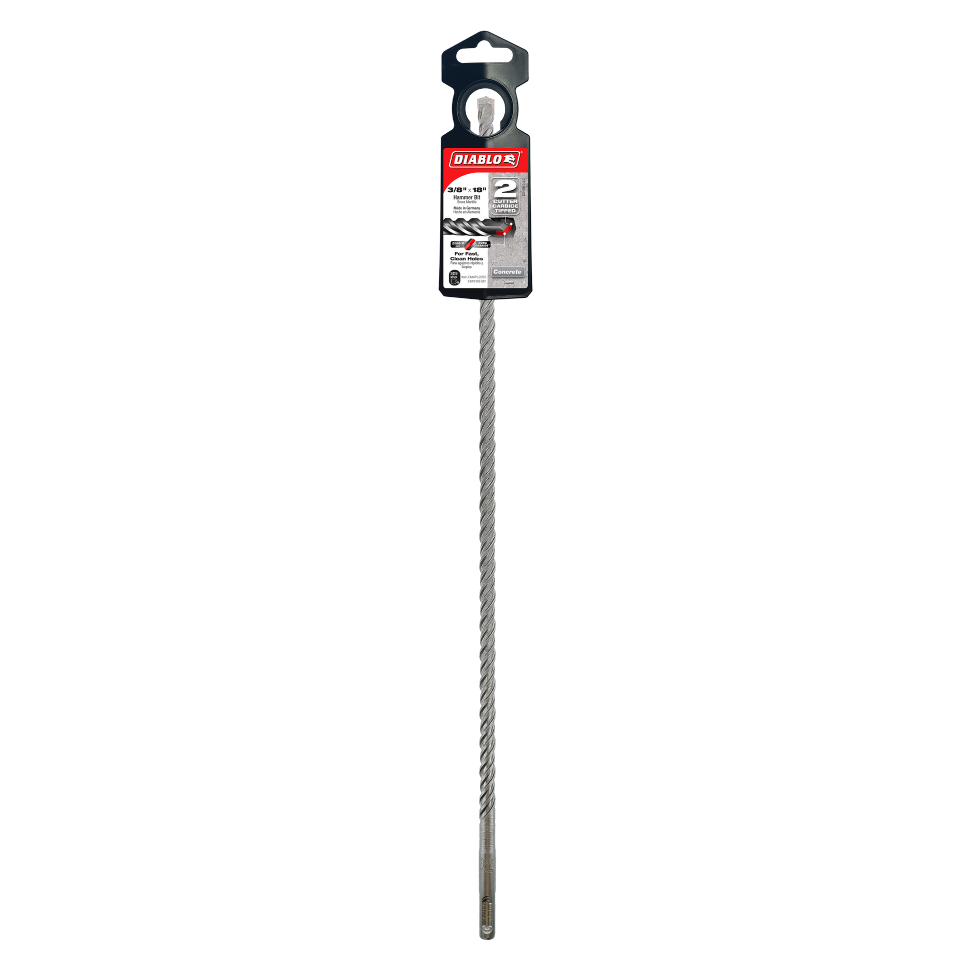 Diablo SDS-Plus 2-cutter masonry drill bit with black packaging header and gray fluted shaft.