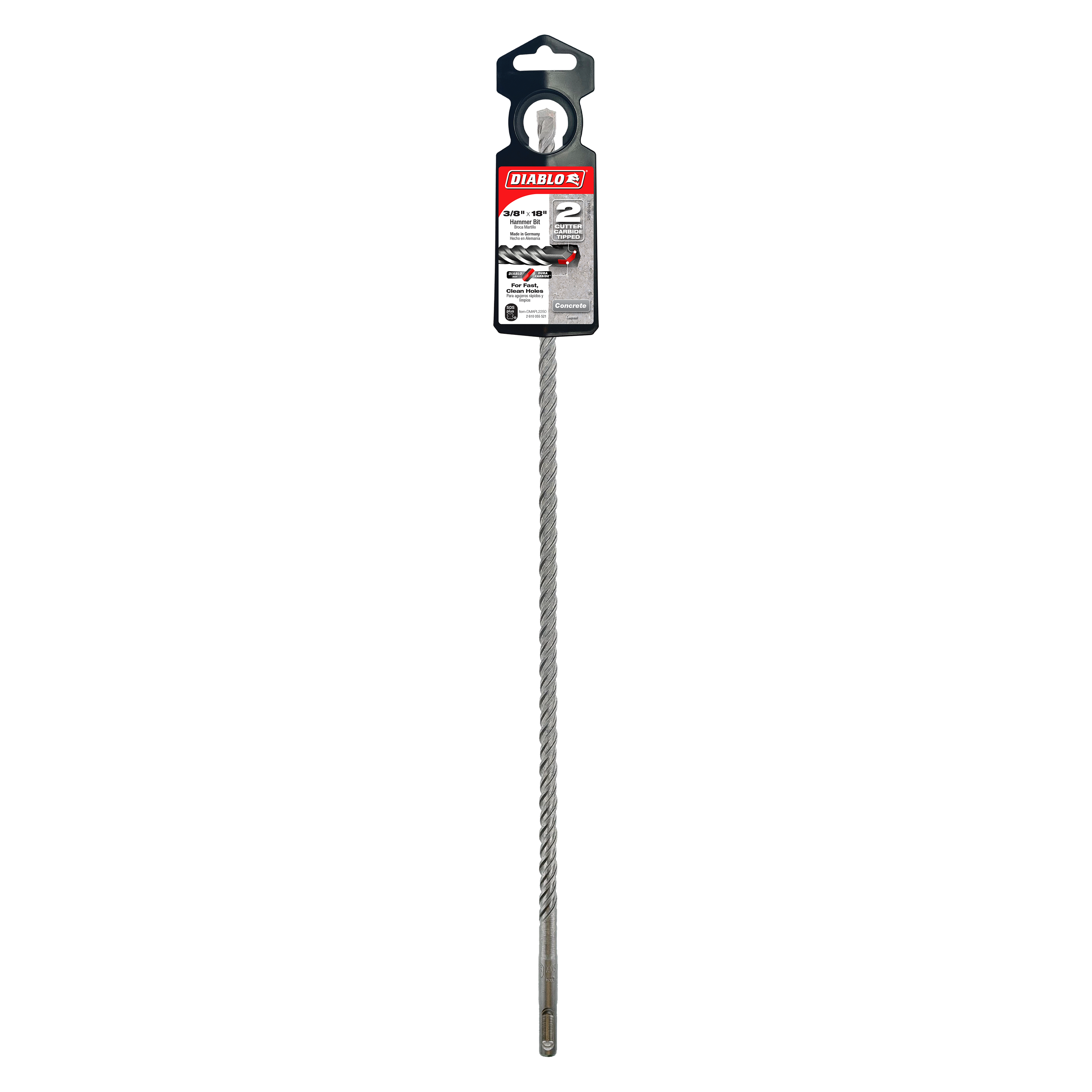 Diablo SDS-Plus 2-cutter masonry drill bit with black packaging header and gray fluted shaft.