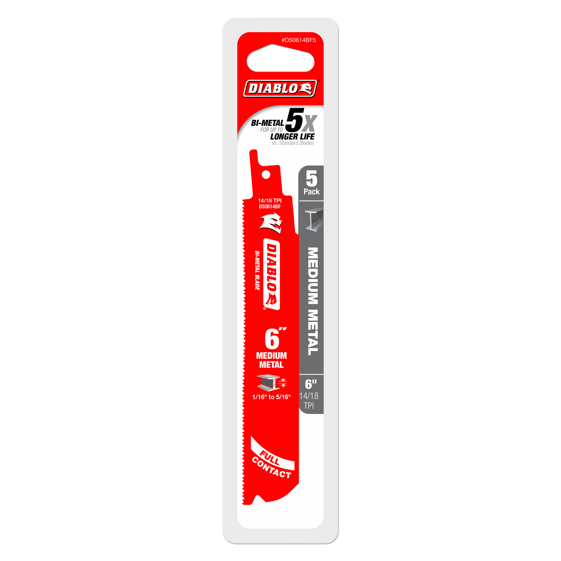 Five-pack of 6-inch Diablo bi-metal reciprocating saw blades with serrated edges for medium metal cutting.