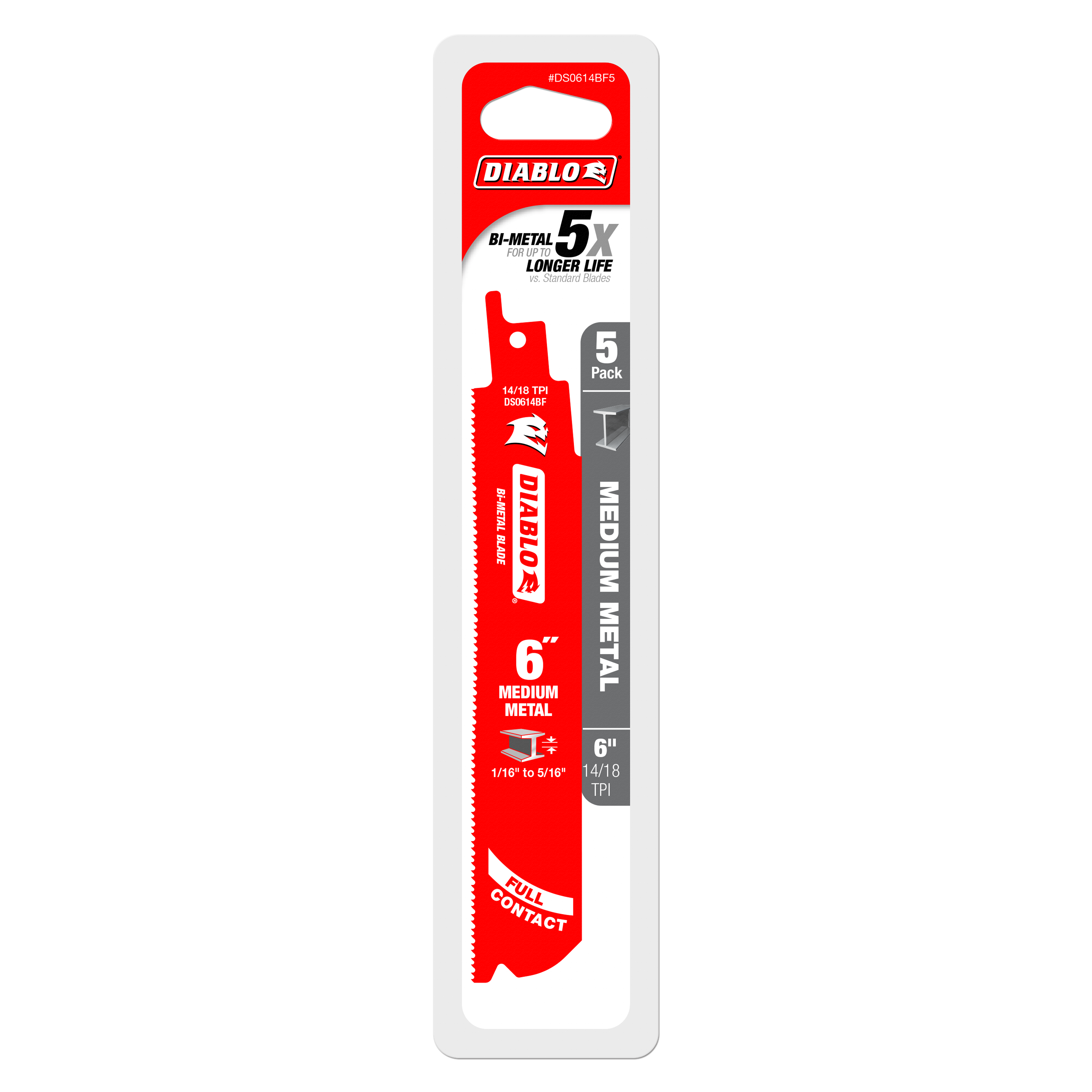 Five-pack of 6-inch Diablo bi-metal reciprocating saw blades with serrated edges for medium metal cutting.