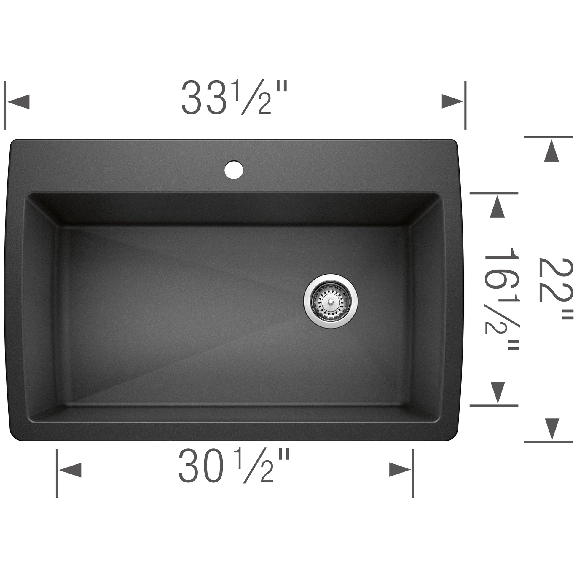 Anthracite single bowl drop-in kitchen sink with drain, top view showing 33½" width and 22" depth dimensions.
