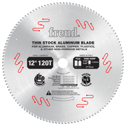 12" circular saw blade with 120 teeth, silver coating, labeled for aluminum and non-ferrous metals.